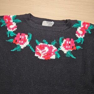 Vintage JP‎ Collections Black Floral Rose Embroidered Knit Sweater One Size